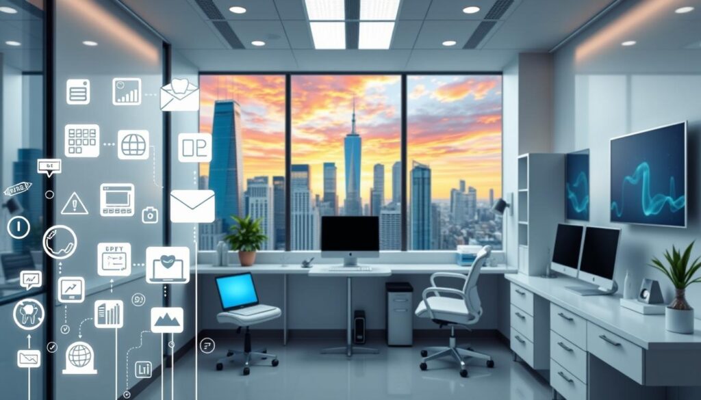 Detailed digital marketing strategies for dentists, with a clean, professional aesthetic. A foreground featuring various digital marketing icons and elements such as social media, SEO, email marketing, and website design. A middle ground showcasing a dentist's office with modern, minimalist decor and technology. A background of a cityscape with skyscrapers and a vibrant, colorful sky, conveying a sense of urban, forward-thinking progress. Soft, directional lighting illuminates the scene, creating depth and a polished, aspirational tone. Captured with a wide-angle lens to encompass the comprehensive nature of the digital marketing strategies.
