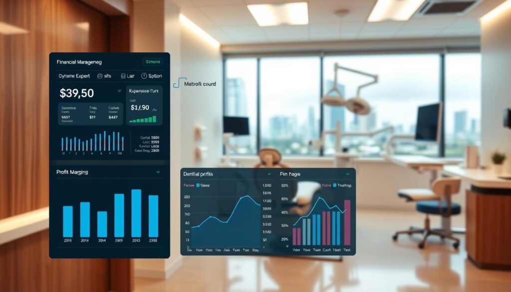 Detailed financial management dashboard for a dental clinic, featuring a clean and modern user interface. In the foreground, a sleek dashboard displays key financial metrics such as revenue, expenses, and profit margins, with intuitive data visualization tools. The middle ground showcases a professional-looking clinic interior, with high-end medical equipment and a welcoming, well-lit atmosphere. In the background, a cityscape or landscape setting suggests the clinic's location and professional reputation. The overall mood is one of efficiency, control, and a commitment to data-driven decision-making, reflecting the importance of financial management in the dental industry.