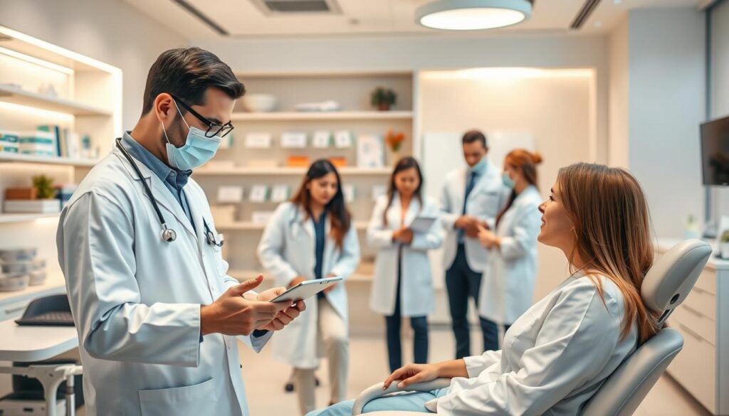 Detailed marketing strategies for a modern dental clinic. In the foreground, a dentist discusses digital patient engagement tools with a patient. In the middle ground, a team of dental professionals brainstorms ideas for social media campaigns and patient referral programs. In the background, shelves of dental equipment and a clean, professional office space create a calming atmosphere. Warm lighting, a soft color palette, and sleek, minimalist design elements convey an upscale, trustworthy brand identity. The image should communicate the clinic's focus on innovative, patient-centric marketing to attract new clients and build lasting relationships.
