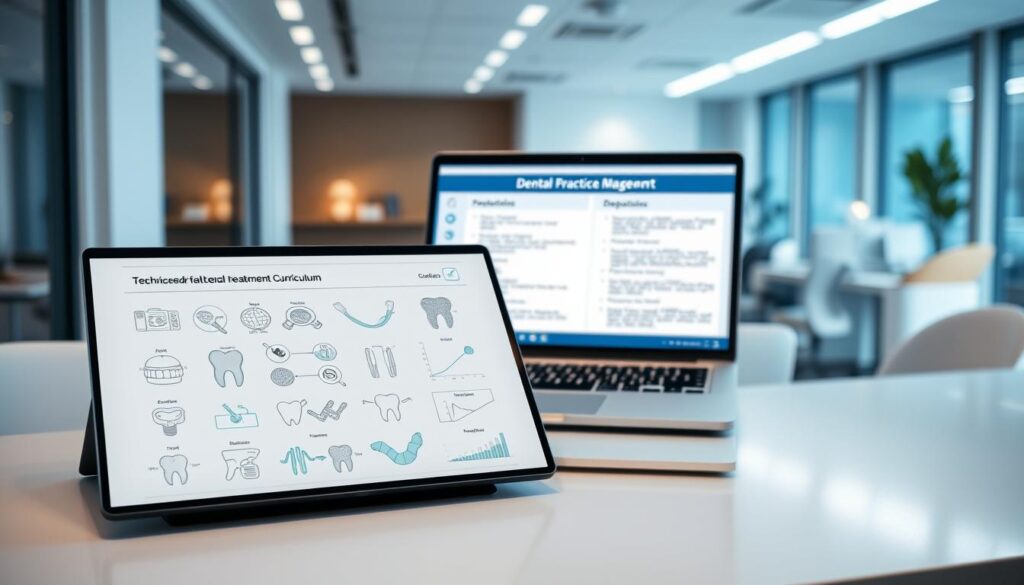 Detailed technical dental treatment curriculum displayed on a sleek, minimalist desktop. In the foreground, a clean, organized layout of medical icons, graphs, and diagrams illustrating dental practice management subjects. In the middle ground, a laptop screen showcasing a comprehensive course outline with module titles and learning objectives. The background features a blurred, professional office setting with subtle lighting, suggesting a focused, educational environment. The overall tone is one of an informative, well-structured dental management program.
