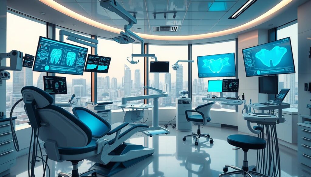 Detailed technological innovations in a modern, well-equipped dental office. Sleek and futuristic dental chairs, cutting-edge diagnostic equipment, and immersive digital displays showcasing patient data and treatment plans. The office is bathed in a soft, ambient lighting that creates a calming atmosphere. In the background, a view through large windows reveals a cityscape, symbolizing the integration of advanced technology within the urban medical landscape. The overall scene conveys a sense of progress, efficiency, and a patient-centric approach to dental care.
