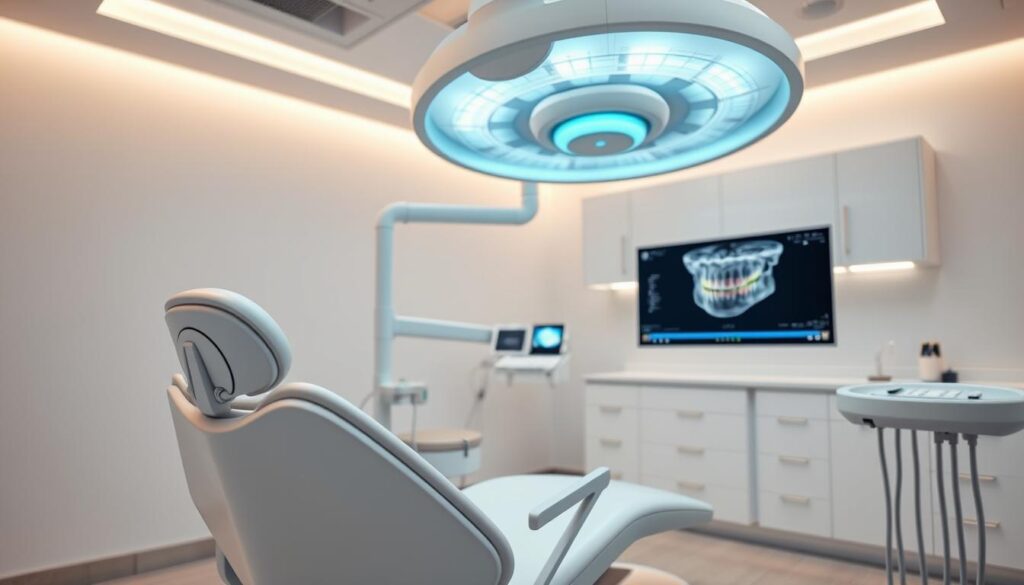 Digital odontology, a dental operatory with state-of-the-art technology. In the foreground, a minimalist yet elegant dental chair with sleek, modern lines. Overhead, a panoramic X-ray machine casts a soft, ambient glow. In the middle ground, a touchscreen console displays a 3D rendering of a patient's teeth, allowing the dentist to precisely plan treatment. The background features clean, white walls, and subtle accent lighting illuminates medical equipment and cabinets, creating a serene, professional atmosphere. The scene conveys a sense of innovation, precision, and patient-centric care, reflecting the future of dentistry.