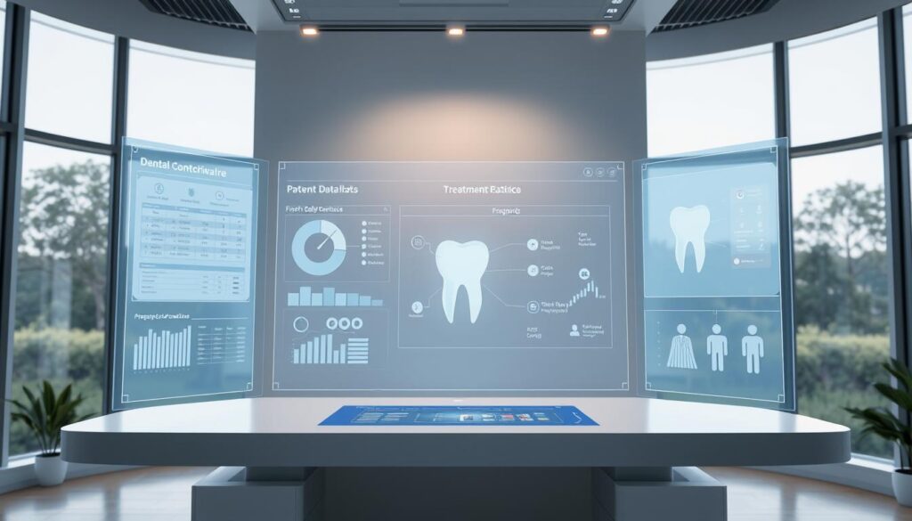 Elegant and futuristic dental software interface, capturing the seamless integration of technology and dental practice. A sleek, minimalist display showcases patient data, scheduling, and treatment plans. Soft blue and gray tones create a calming, professional atmosphere. Intuitive touchscreen controls and holographic projections enable efficient workflow. The user experience is designed to streamline daily operations, improving patient care and practice management. Warm lighting from above illuminates the workspace, while large windows provide a serene, natural backdrop. The overall scene conveys the power of modern software to transform the dental industry.