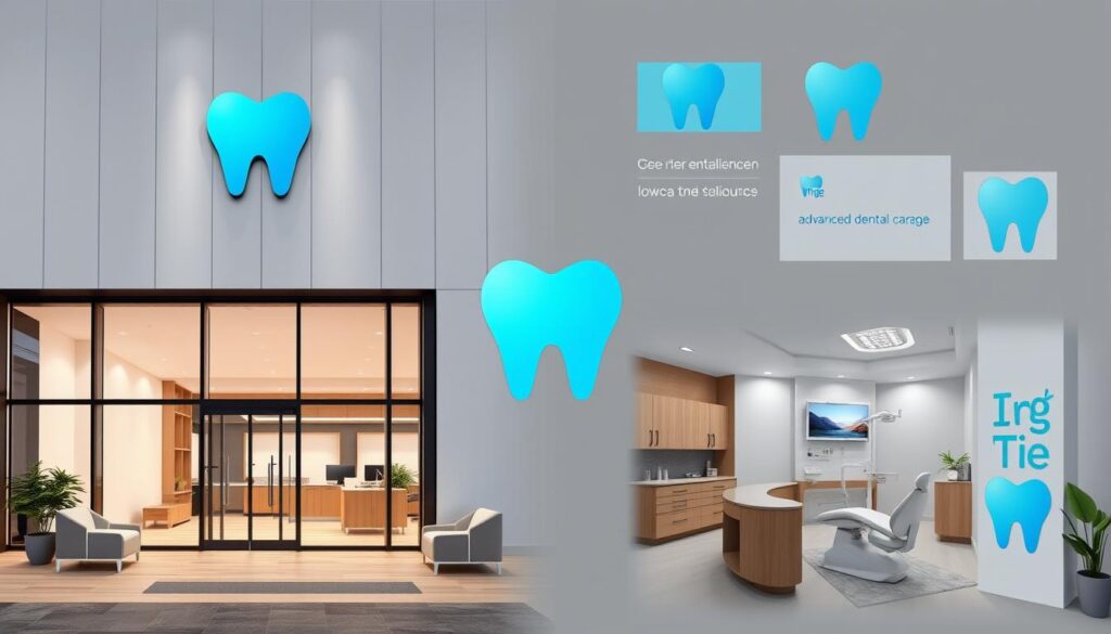 Elegant dental clinic identity design. Minimalist logo with dental motif in cool blue tones. Sleek building facade with large windows, glass and steel accents. Modern lobby interior with natural wood, plush seating and ambient lighting. Dental treatment rooms feature clean white walls, state-of-the-art equipment and soothing, nature-inspired decor. Cohesive branding across all touchpoints - business cards, signage, website. Conveys professionalism, comfort and advanced dental care.