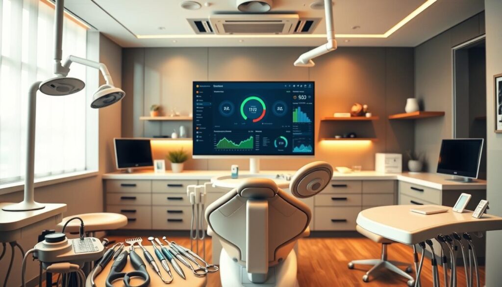 Elegant dental office setting with sleek modern decor. Foreground features a variety of dental tools and equipment, conveying a sense of professional expertise. Middle ground showcases a large, high-resolution monitor displaying a digital dashboard, symbolizing the comprehensive management capabilities. Background depicts a serene, well-lit environment with minimalist accents, exuding a calming and efficient atmosphere. Warm lighting casts a gentle glow, highlighting the state-of-the-art technology and attention to detail. The overall composition conveys the benefits of a complete dental practice management solution.