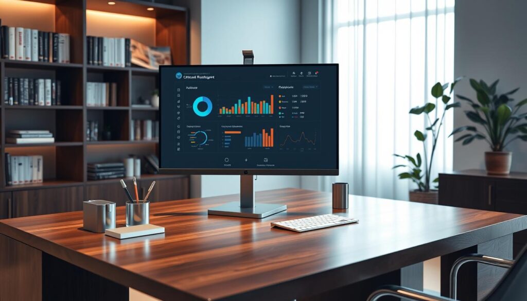 Elegant modern office interior with a mahogany desk, sleek stainless steel desk organizers, and a large curved monitor displaying a customer relationship management (CRM) dashboard powered by artificial intelligence (AI) technology. Soft ambient lighting casts a warm glow, highlighting the clean lines and minimalist design. In the background, bookshelves filled with industry journals and a potted plant add a touch of nature. The overall atmosphere exudes professionalism, efficiency, and technological innovation.
