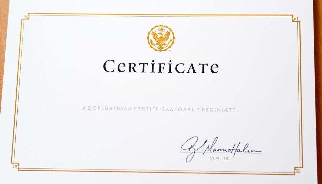 Elegant professional certificate with a crisp, clean design. A sleek, modern layout with a certificate emblem or seal denoting the certification. Soft, warm lighting highlights the texture of the paper and a subtle vignette frames the composition. High-quality details like watermarks, embossed elements, and a stylized signature convey a sense of prestige and authority. The overall aesthetic should reflect the subject's expertise and the market's recognition of their professional qualifications.