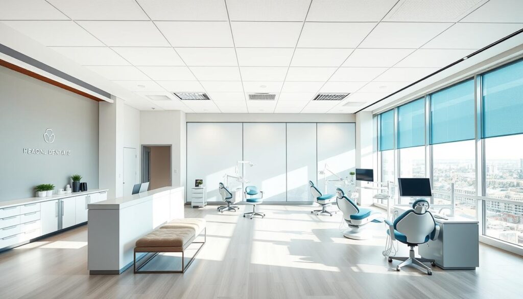 Expansive and modern dental office interior with bright, natural lighting streaming through large windows. Sleek, minimalist reception area with clean lines and comfortable seating. State-of-the-art dental chairs and equipment in the treatment rooms, creating an efficient and professional atmosphere. Neutral color palette with pops of calming blues and greens to evoke a sense of tranquility. Spacious layout with ample room for patient flow and staff collaboration. Elegant signage and branding elements subtly integrated into the design. Overall, a visually appealing and welcoming environment that communicates the clinic's commitment to quality care and patient experience.