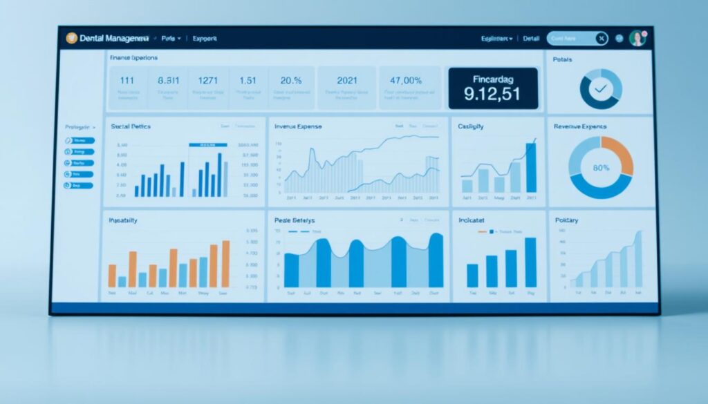 Financial management: a well-organized business dashboard displaying key financial metrics, charts, and indicators. The foreground showcases a clean, minimalist interface with intuitive data visualizations. The middle ground features graphs depicting revenue, expenses, and profitability trends. The background has a soft, muted tone, creating a sense of clarity and focus. The lighting is a cool, natural tone, illuminating the financial data in a professional, analytical manner. The overall composition conveys a sense of control, transparency, and strategic financial oversight for a thriving dental clinic.