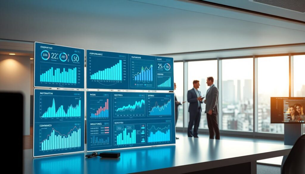 High-quality 3D data visualization dashboard with sleek, modern design. The foreground features a series of dynamic infographic charts, graphs, and performance metrics displayed on various digital screens and displays. The middle ground showcases a team of business professionals analyzing and discussing the data. The background depicts a minimalist office environment with large windows overlooking a skyline. Soft, indirect lighting creates a professional, focused atmosphere. The scene conveys a sense of data-driven decision making and continuous improvement.