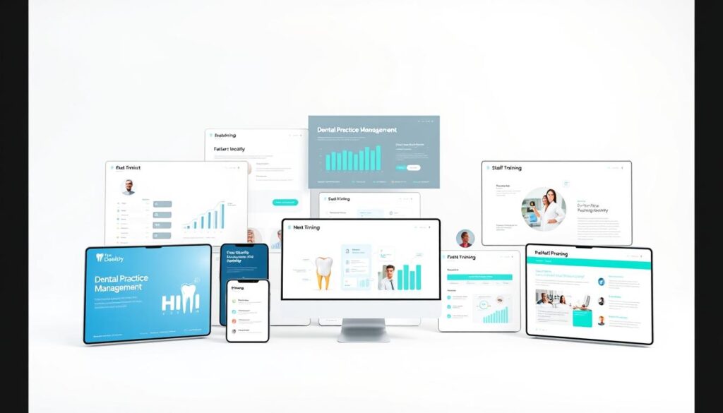 High-quality 3D rendering of a collection of dental practice management and education modules on a clean white background. The modules are arranged in a visually appealing layout, with each module showcasing a different aspect of dental practice management such as patient scheduling, billing, and staff training. The modules have a modern, minimalist design with clean lines and a neutral color palette. The lighting is soft and even, highlighting the details and textures of the modules. The camera angle is slightly elevated, providing a comprehensive view of the entire setup. The overall atmosphere is professional, informative, and visually engaging, reflecting the educational nature of the subject matter.