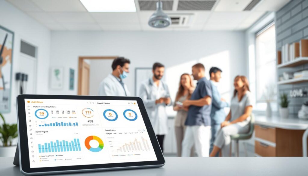 High-resolution 3D render of the benefits of dental practice management, featuring a clean, modern medical office interior with bright, natural lighting. In the foreground, a tablet displaying various dental practice management software analytics and reports, highlighting key performance metrics like patient satisfaction, appointment scheduling, and financial data. In the middle ground, a group of dental professionals - including a dentist, dental hygienist, and receptionist - engaged in collaborative discussion around optimizing their practice's workflows and operations. In the background, subtle visual cues alluding to improved patient outcomes, such as healthy smiles and satisfied patients. The overall atmosphere conveys a sense of professionalism, efficiency, and the transformative power of effective dental practice management.