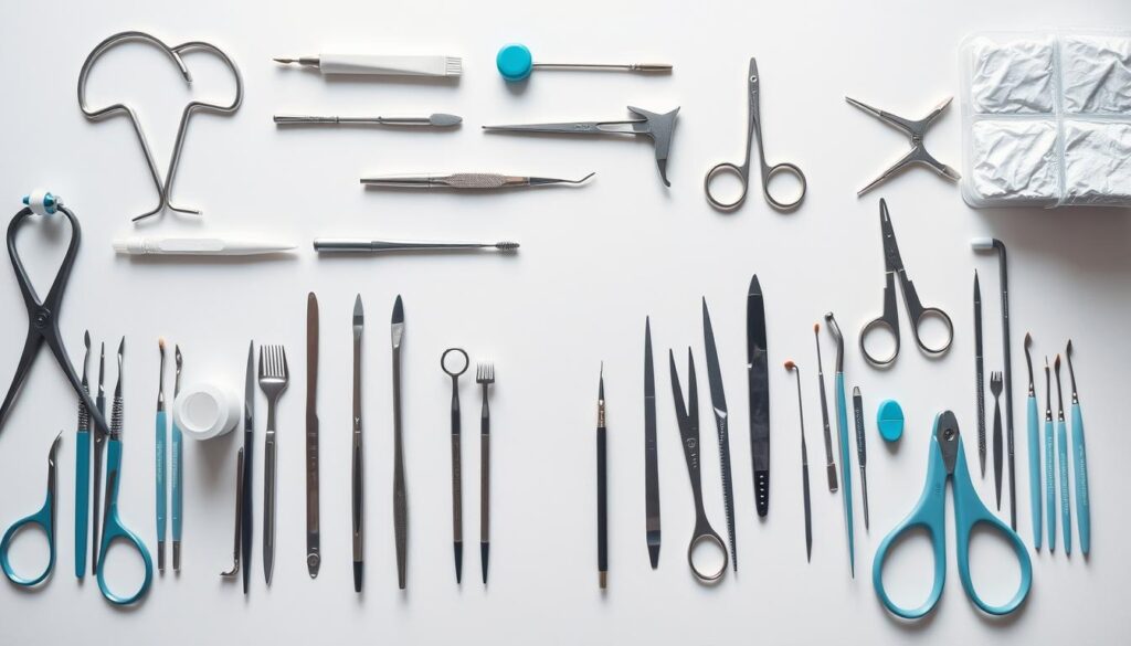 Organized dental procedures: a meticulously arranged scene depicting an array of dental tools, instruments, and materials neatly organized on a clean, well-lit surface. The composition features a balanced, symmetrical layout, with each item placed with precision. Soft, directional lighting casts subtle shadows, enhancing the depth and three-dimensional quality of the setup. The overall atmosphere conveys a sense of professionalism, efficiency, and attention to detail - qualities essential for effective dental practice management in the year 2025.