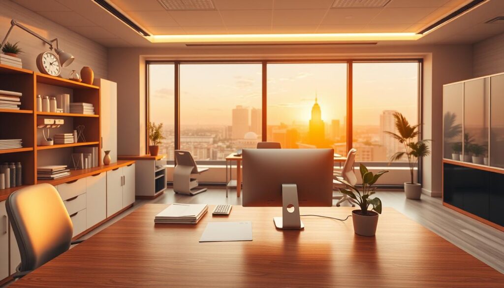 Planejamento estratégico para consultórios odontológicos: a modern, professional office interior with clean, minimalist design. Warm lighting illuminates the space, creating a calming atmosphere. In the foreground, a large wooden desk with a desktop computer, files, and a potted plant. Behind it, shelves filled with medical equipment and dental supplies. In the background, a large window overlooking a cityscape, with the sun setting in the distance, casting a soft, golden glow. The overall mood is one of order, efficiency, and attention to detail, reflecting the precision and care required in the dental profession.