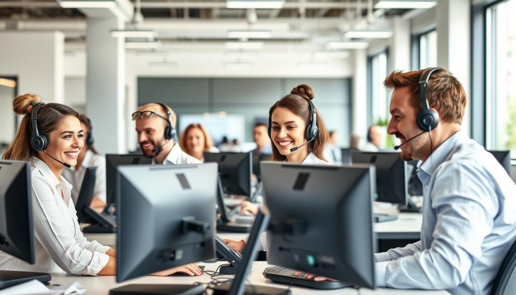 Prompt A modern 24/7 customer service office, filled with energy and productivity. The foreground features a team of friendly, attentive agents, working diligently on their computers, headsets on, ready to assist customers. The middle ground showcases state-of-the-art communication technology, with multiple screens and intuitive interfaces. The background is a bright, open-concept space, with large windows letting in natural light and a clean, minimalist décor that exudes professionalism. The overall atmosphere conveys a sense of efficiency, responsiveness, and a commitment to delivering exceptional customer experiences, day and night.