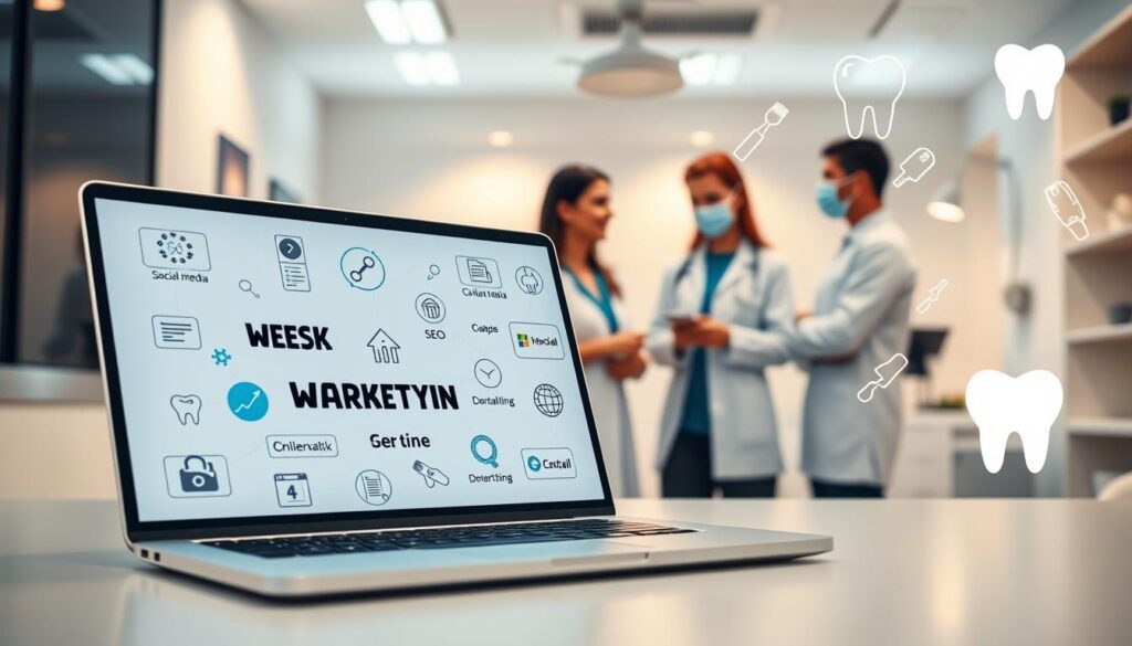 Prompt A modern and visually engaging image depicting digital marketing strategies for dental clinics. In the foreground, a laptop screen showcases various marketing tactics such as social media, SEO, content creation, and online advertising. In the middle ground, dental professionals collaborate, discussing and strategizing their digital approach. The background features a clean, minimalist medical office setting with subtle dental imagery like toothbrushes, teeth, and dental instruments. The lighting is soft and warm, creating a professional yet approachable atmosphere. The overall composition conveys the synergy between technology, marketing, and the dental industry, highlighting the importance of digital strategies for modern dental clinics.