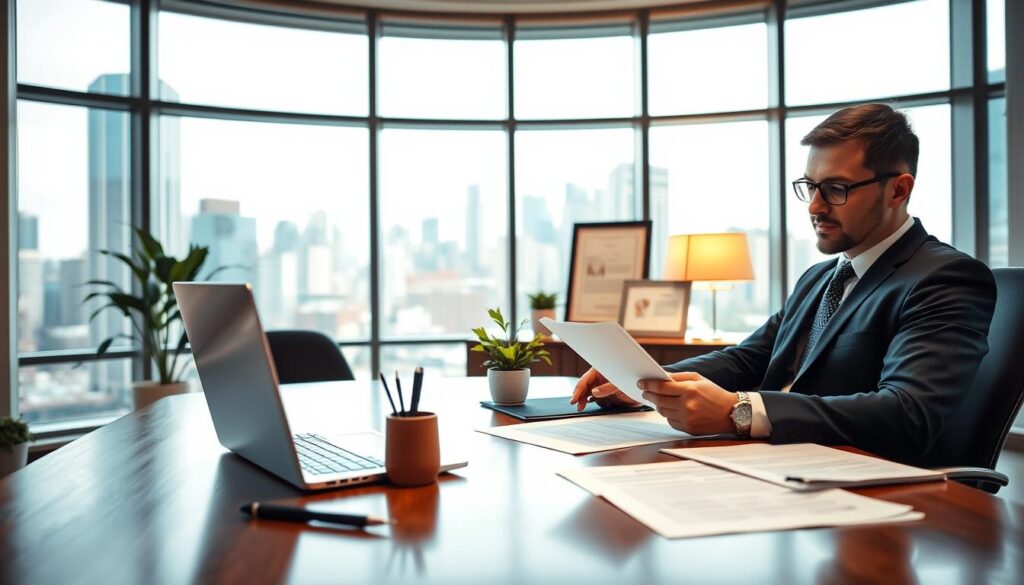 Prompt A serene, well-lit office space showcases a professional businessman reviewing financial documents and planning investments for a comprehensive dental practice management course. The foreground features an elegant wooden desk with a modern laptop, pen, and carefully organized papers. In the middle ground, a tasteful potted plant and a framed diploma add a touch of sophistication. The background depicts floor-to-ceiling windows overlooking a bustling city skyline, conveying a sense of growth, opportunity, and the importance of strategically managing one's dental practice. The lighting is warm and inviting, creating a focused and productive atmosphere conducive to making informed investment decisions.