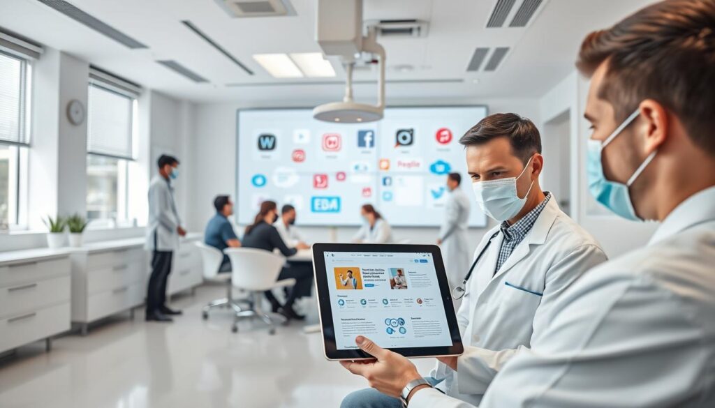 Prompt A sleek, modern dental clinic with minimalist decor and clean lines. In the foreground, a dentist consults with a patient, discussing digital marketing strategies displayed on a tablet. In the middle ground, a team of dental professionals gathers around a conference table, brainstorming ideas for online campaigns. The background showcases a digital display showcasing social media platforms, search engine optimization, and other digital marketing tools. Lighting is bright and airy, creating a professional, tech-savvy atmosphere. The scene conveys the importance of digital marketing in the dental industry and the dentist's commitment to staying ahead of the curve.