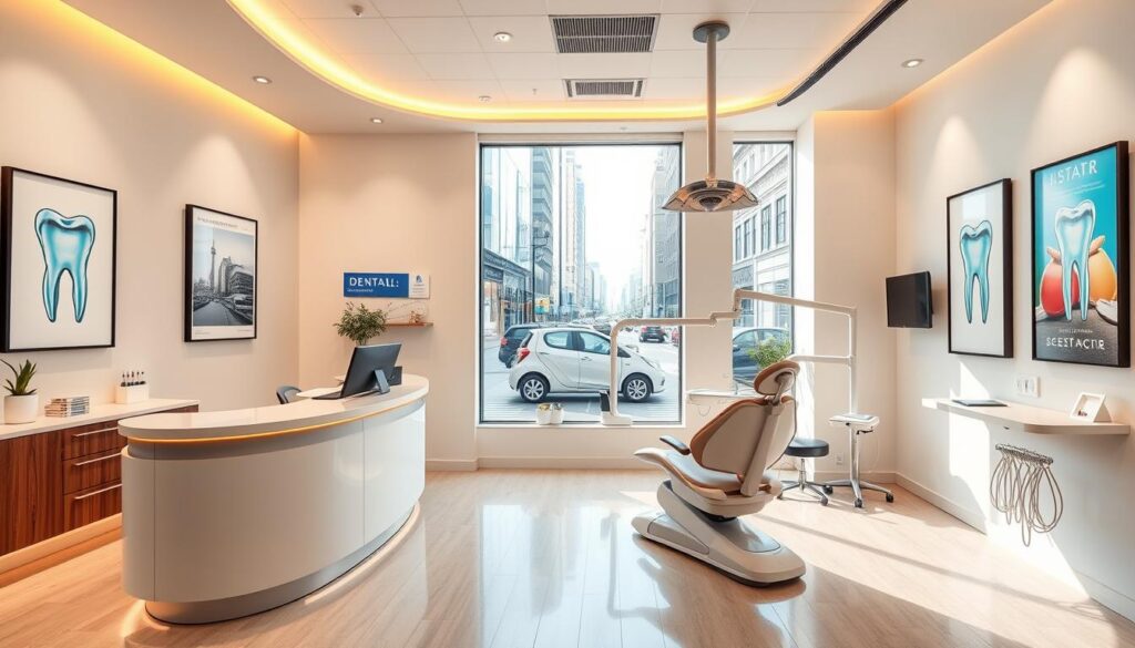 Prompt A vibrant dental clinic interior with a modern, minimalist design. The reception area features a sleek, curved desk and warm lighting. In the background, a large window overlooks a bustling city street. On the walls, framed dental health posters and artwork create a professional yet inviting atmosphere. The dental chairs are positioned prominently, with a focus on patient comfort and care. The clinic's branding is subtly incorporated through color palette and typography. Overall, the scene conveys a sense of expertise, innovation, and a patient-centric approach to dental marketing.