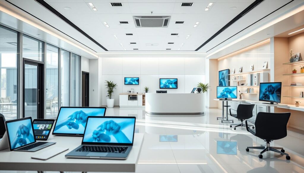 Sleek, modern medical clinic with an array of cutting-edge technological tools and devices prominently displayed. Foreground showcases various tablets, laptops, and digital screens used for patient records, virtual consultations, and digital marketing. Midground features a curved, minimalist reception desk with smart screens and integrated tech. Background highlights open, airy space with natural light flooding in, creating a sense of warmth and professionalism. Subtle pops of the clinic's branding colors throughout. Soft, diffused lighting illuminates the scene, giving it a polished, high-tech aesthetic. Camera positioned to provide a wide, comprehensive view of the technological tools and digital solutions available to enhance the patient experience.