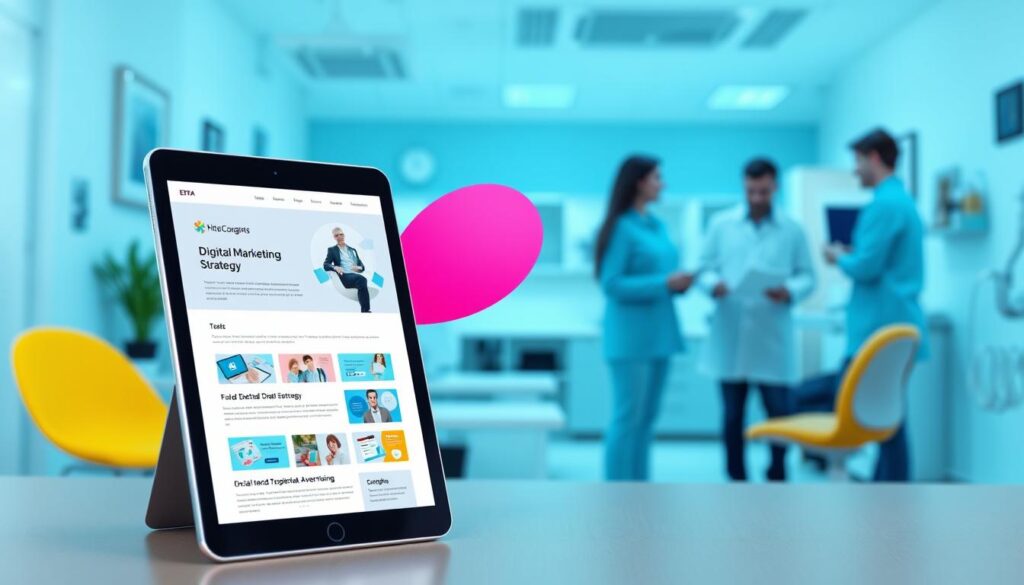 Strategies for Dental Clinics: A vibrant, minimalist composition showcasing the essential elements of a successful digital marketing strategy for dental clinics. In the foreground, a tablet displays a website with an engaging, user-friendly design, reflecting the importance of a strong online presence. In the middle ground, a team of dental professionals collaborates, discussing marketing tactics like social media campaigns and targeted advertising. The background features a modern, well-equipped dental office, hinting at the high-quality services and patient experience that digital marketing can help promote. The overall scene conveys a sense of professionalism, innovation, and a focus on patient-centric care, all of which are crucial for dental clinics to thrive in the digital age.