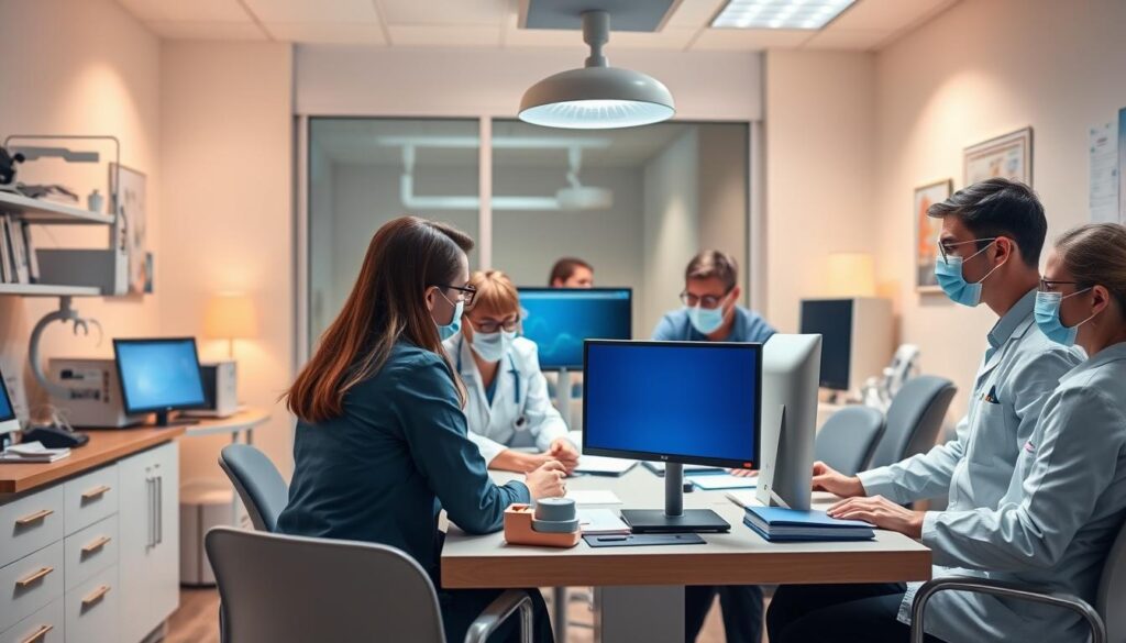 Strategies for dental practice management: a well-lit office with dentists and staff collaborating at a table, surrounded by medical equipment, dental charts, and computer screens. The scene conveys an atmosphere of professionalism, efficiency, and a focus on patient-centered care. The lighting is warm and inviting, highlighting the teamwork and attention to detail. The angles and composition draw the viewer's eye to the key elements of effective dental practice management.