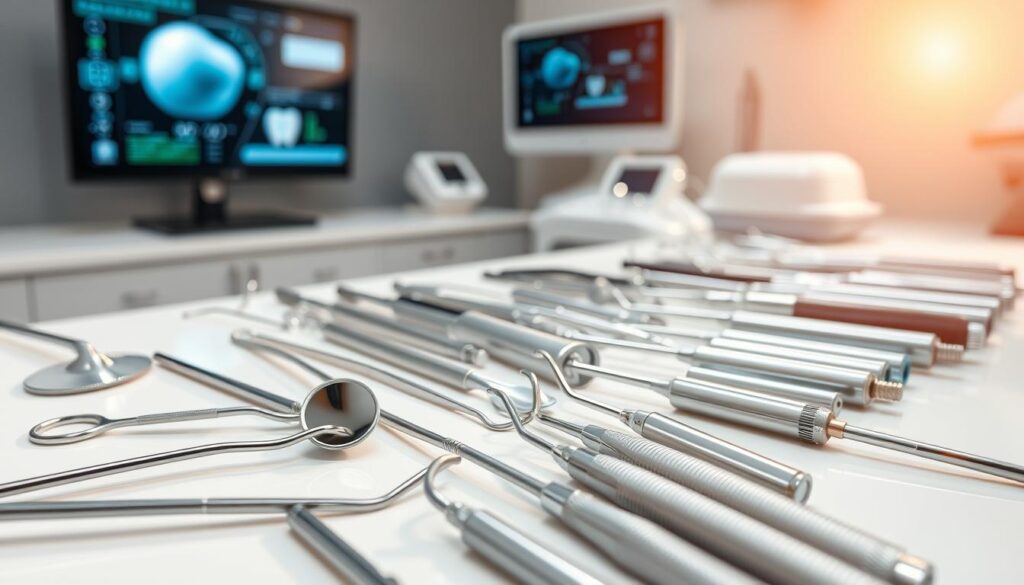 Surgical dental instruments arranged meticulously on a clean, white surface. In the foreground, gleaming metal tools like dental mirrors, explorers, and curettes. In the middle, precision-engineered handpieces and drills. In the background, a muted backdrop of digital displays and modern dental technology. Bright, natural lighting casts a warm glow, highlighting the high-quality craftsmanship. The scene conveys a sense of clinical professionalism and technological advancement, befitting a state-of-the-art dental clinic.