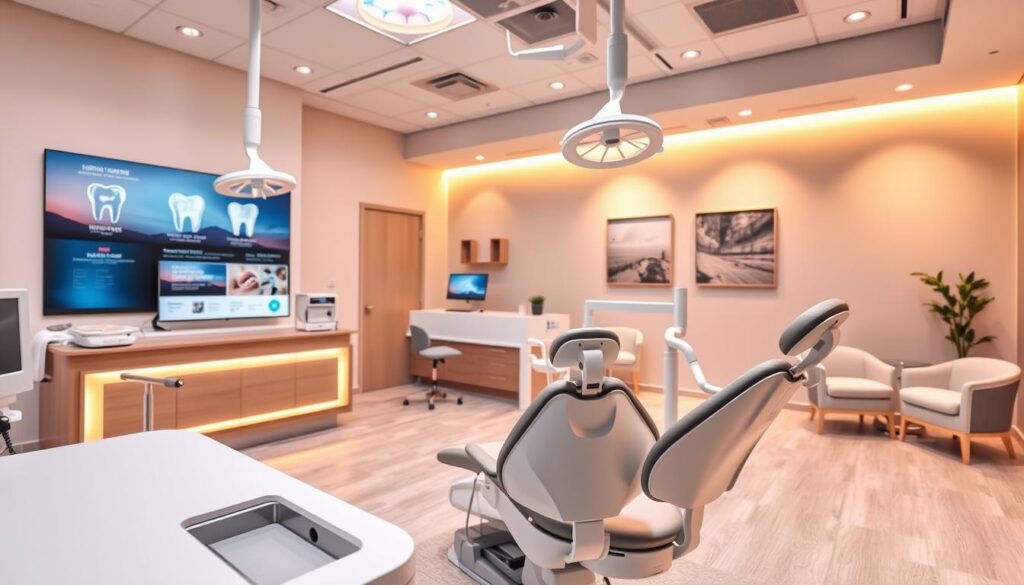 Surgical suite of a modern dental clinic, warm lighting illuminates the clinical tools and equipment. In the foreground, a dentist's chair with sleek, ergonomic design. Middle ground showcases a reception desk with digital displays highlighting dental services and promotions. The background features a soothing, pastel-toned waiting area with comfortable chairs and calming artwork. Emphasis on clean, professional aesthetics that convey expertise and quality care. Subtle branding elements like a clinic logo or visual identity are present but not obtrusive. The overall scene radiates a welcoming, trustworthy atmosphere for prospective dental patients.