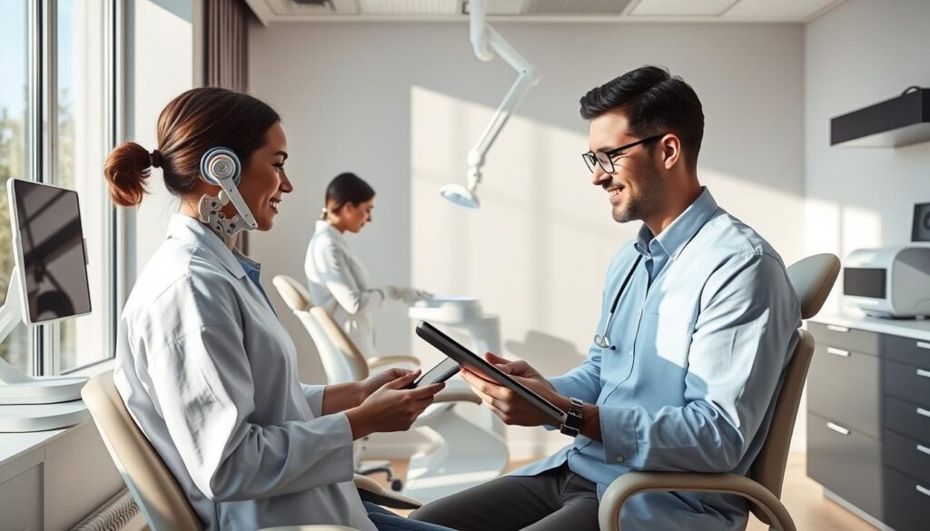 Tendências de inteligência artificial na odontologia: a modern dental office bathed in natural light, with sleek, minimalist furniture and state-of-the-art technology. In the foreground, a dentist consults with a patient on a tablet, demonstrating the latest AI-powered diagnostic tools. In the middle ground, a dental hygienist utilizes an autonomous robotic arm to perform a routine cleaning. In the background, a 3D printer churns out customized dental implants and aligners. The scene conveys a sense of innovation, efficiency, and patient-centric care, reflecting the future of digital dentistry.