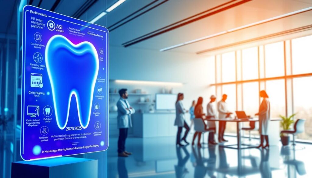 Tendências do marketing odontológico para 2025: a vibrant, futuristic scene depicting the latest trends in dental marketing. In the foreground, a holographic display showcases innovative digital tools and strategies, such as AI-powered patient engagement platforms and augmented reality treatment simulations. In the middle ground, a diverse team of dental practitioners and marketing professionals collaborate on optimizing online presence and personalized patient experiences. In the background, a sleek, high-tech office environment with minimalist design and floor-to-ceiling windows provides an inspiring setting. The overall mood is forward-looking, dynamic, and technologically advanced, reflecting the transformative changes shaping the dental industry.