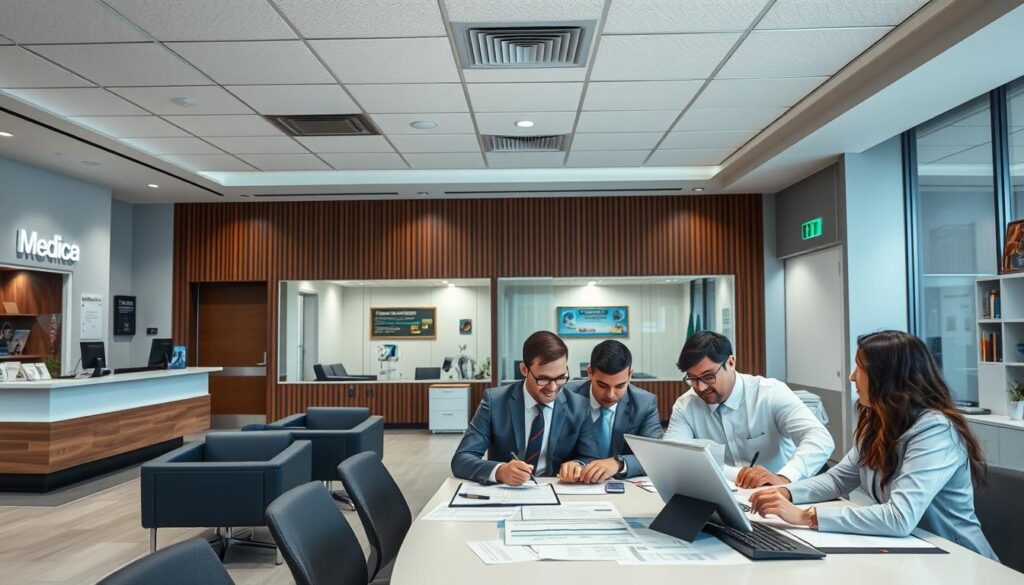 a well-organized medical clinic with a focus on financial management, the interior features a reception desk, waiting area with comfortable chairs, and private consultation rooms, overhead lighting creates a professional atmosphere, the clinic's branding and signage are prominently displayed, high-quality medical equipment and computers are visible, a team of accountants and financial analysts are reviewing financial statements and budgets at a large conference table, the overall scene conveys a sense of efficiency, organization, and attention to the financial well-being of the clinic