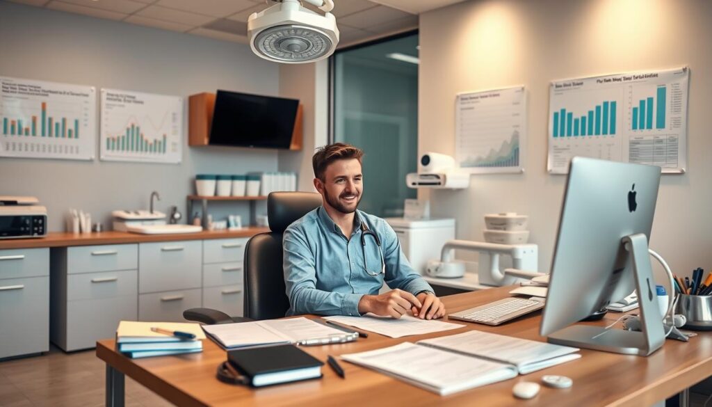 financial management for dentists, set in a modern dental office interior with a desk, computer, paperwork, and financial charts on the walls. The scene is well-lit with a combination of natural daylight and warm artificial lighting, creating a professional and organized atmosphere. The composition focuses on the desk area, with the dentist sitting in a comfortable chair, surrounded by the necessary tools and resources to manage their finances effectively. The background features medical equipment and supplies, subtly suggesting the healthcare context. The overall mood is one of efficiency, attention to detail, and a dedication to sound financial practices within the dental industry.