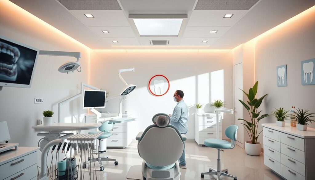 5 benefícios comprovados do marketing odontológico. A bright, modern dental clinic interior with clean, minimalist design and warm, natural lighting. The foreground showcases innovative dental technology and equipment, creating an atmosphere of professionalism and high-quality care. In the middle ground, a dentist in pristine medical attire consults with a patient, demonstrating the clinic's personalized, patient-centric approach. The background features carefully curated branding elements like a sleek logo, subtle signage, and carefully placed plants, conveying the clinic's commitment to patient comfort and well-being. The overall scene exudes a sense of trust, expertise, and a forward-thinking, tech-savvy dental practice.