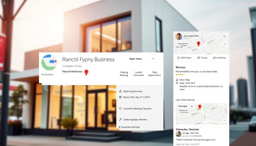 A beautifully designed Google My Business page for a modern medical clinic, showcasing a clean, minimalist interface with crisp iconography and vivid imagery. The page features a prominent hero image of the clinic's exterior, captured with a wide-angle lens in soft, natural lighting that emphasizes the building's architectural details and inviting atmosphere. In the foreground, a map marker highlights the clinic's location, with additional details like operating hours, contact information, and services displayed in an organized layout. The middle ground includes user reviews and ratings, conveying a sense of trust and credibility. The background features subtly blurred cityscapes, hinting at the clinic's urban setting and accessibility. The overall composition and color palette reflect the clinic's professional yet approachable brand identity, creating a visually compelling and informative digital presence.