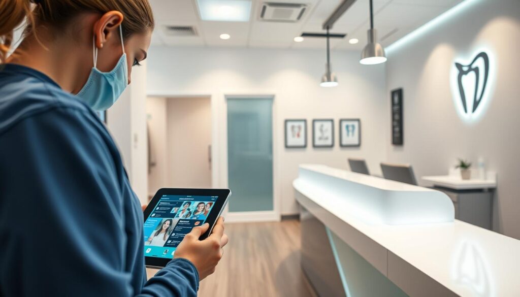 A beautifully lit dental clinic interior with a modern, minimalist design. In the foreground, a dental assistant is using a tablet to display social media graphics and digital marketing content. The middle ground features a sleek, white reception desk with a glowing LED sign showcasing the clinic's brand and services. In the background, the clinic's logo is prominently displayed on the wall, alongside framed patient testimonials and awards. The overall atmosphere conveys a sense of professionalism, technology, and a patient-centric approach to digital marketing for the dental practice.