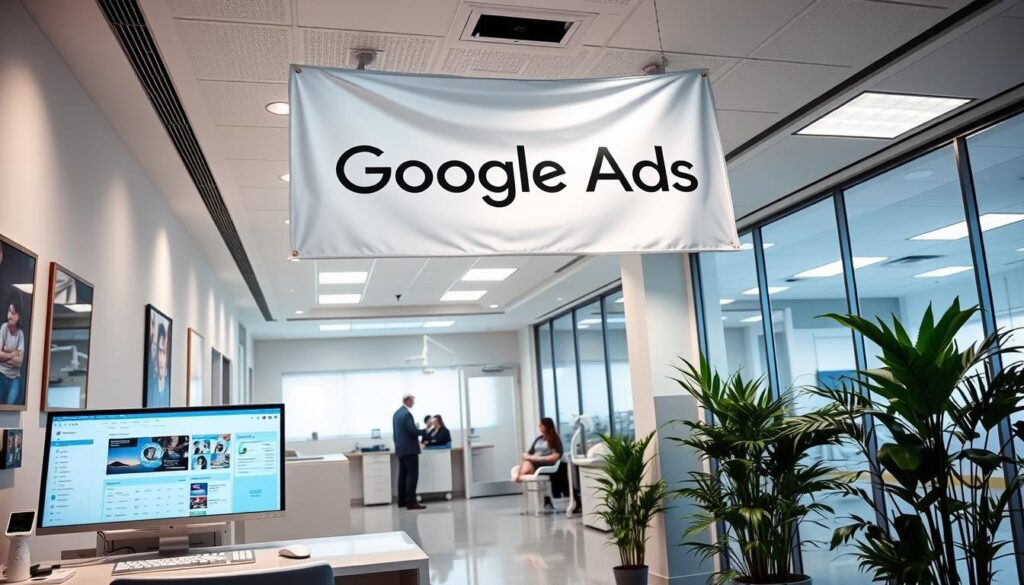 A beautifully lit dental clinic interior, with a prominently displayed Google Ads banner suspended from the ceiling. The foreground features a professional-looking dentist's desk with a computer screen showcasing the Google Ads dashboard. The middle ground shows patients in the waiting area, surrounded by modern, minimalist decor and greenery. The background reveals a panoramic view of the clinic, with exam rooms and state-of-the-art equipment visible through glass partitions. The overall atmosphere conveys a sense of professionalism, technology, and patient-centric care, perfectly capturing the essence of utilizing Google Ads to enhance the visibility and digital marketing strategy of a modern dental practice.