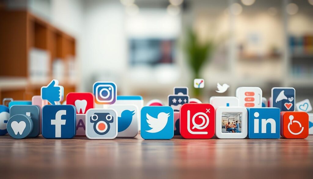 A beautifully-lit, high-resolution image of various social media icons and platforms arranged in a visually-appealing composition, representing the concept of "social media for dentists". The foreground features a clean, modern arrangement of popular social media logos and symbols, including Facebook, Instagram, Twitter, and LinkedIn. The middle ground showcases dentistry-related content and graphics, such as teeth, dental instruments, and dental office scenes. The background has a soft, blurred effect, creating a sense of depth and focus on the central social media elements. The overall mood is professional, clean, and inviting, reflecting the importance of an effective social media presence for dentists.