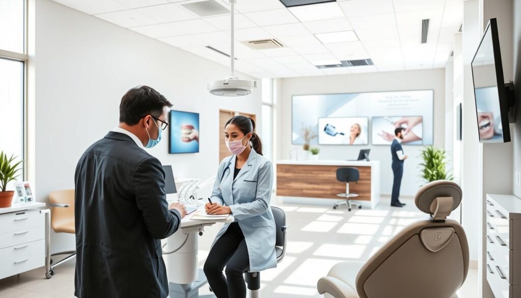 A bright, airy dental clinic interior with modern furnishings and natural lighting. In the foreground, a dentist consults with a patient, discussing strategies for effective dental marketing. In the middle ground, a nurse prepares equipment, while the background showcases a reception area with a sleek, minimalist design and digital displays showcasing dental services. The overall atmosphere conveys professionalism, innovation, and a patient-centric approach to dental care.