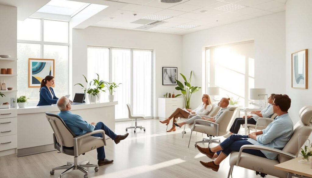 A bright, airy dental clinic interior with patients relaxing in comfortable chairs. Sunlight streams through large windows, casting a warm glow over the modern, minimalist decor. The reception desk is situated prominently, with a friendly staff member greeting visitors. Patients engage with staff at various stations, discussing treatment options and procedures. The atmosphere exudes professionalism, cleanliness, and a focus on patient care and comfort. Subtle details like potted plants, artwork, and soothing color palettes contribute to a calming, welcoming ambiance that puts patients at ease during their visit.