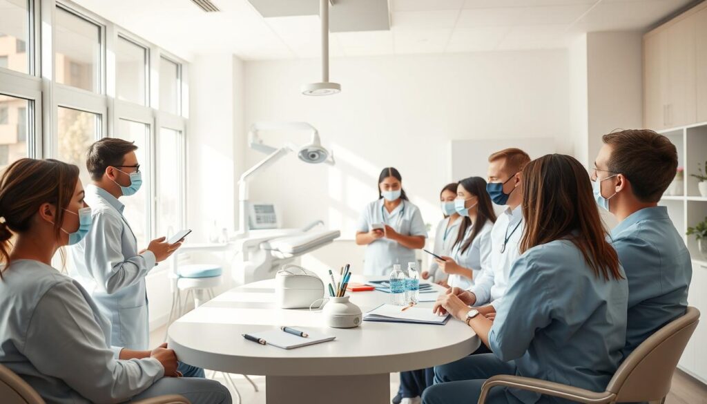 A bright, airy dental office filled with a dedicated team engaged in a training session. The foreground shows dental staff members gathered around a table, intently listening to a presenter while taking notes. Soft natural light filters in through large windows, creating a warm and inviting atmosphere. The middle ground features modern dental equipment and supplies, suggesting a well-equipped practice. The background depicts a calming, minimalist decor with clean lines and soothing colors, conveying a professional yet approachable environment. The overall scene exudes a sense of collaboration, learning, and a commitment to continuous improvement within the dental practice.