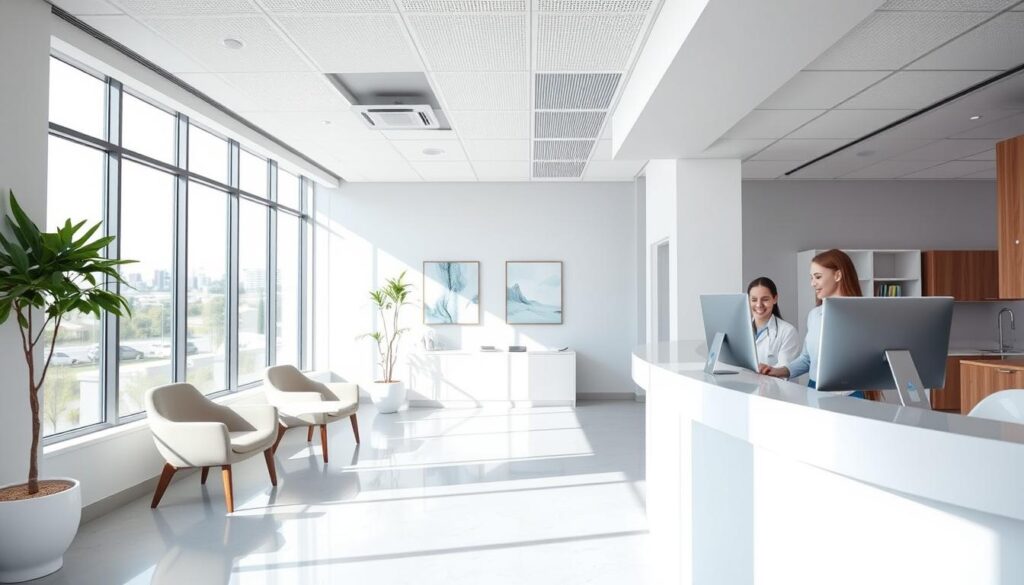A bright, airy dental reception area with a modern, minimalist aesthetic. In the foreground, a clean, uncluttered reception desk with a sleek computer system and a warm, friendly receptionist assisting a patient. The middle ground features comfortable seating arrangements and a calming, neutral color palette. The background showcases large windows allowing natural light to flood the space, creating a sense of openness and tranquility. The overall atmosphere conveys efficiency, organization, and a patient-centric approach to dental office management.