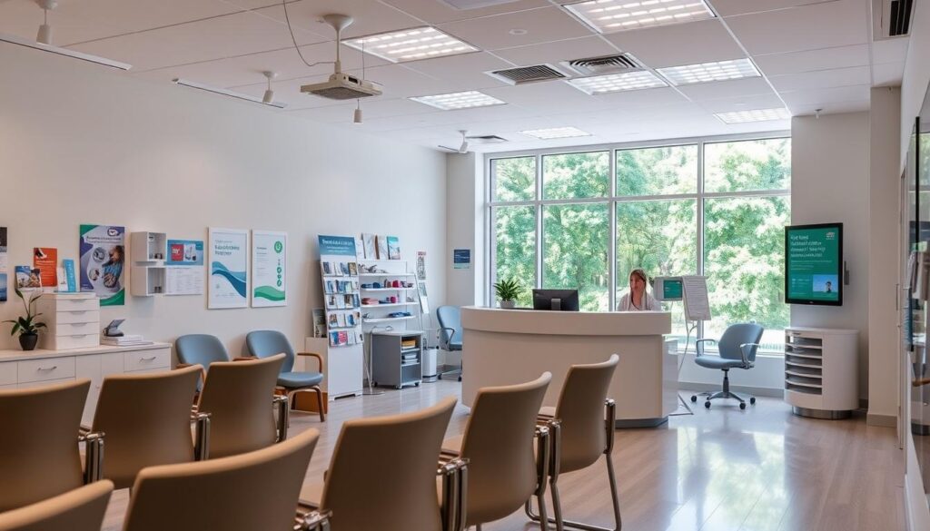 A bright, airy office interior with modern medical equipment and decor. In the foreground, a row of comfortable chairs and a reception desk with a welcoming, friendly receptionist. The middle ground showcases various marketing materials like brochures, posters, and digital displays highlighting the clinic's services and specialties. The background features a large window overlooking a lush, green outdoor landscape, flooding the space with natural light. The overall atmosphere is professional yet inviting, reflecting the clinic's commitment to patient-centric care and effective offline marketing strategies.