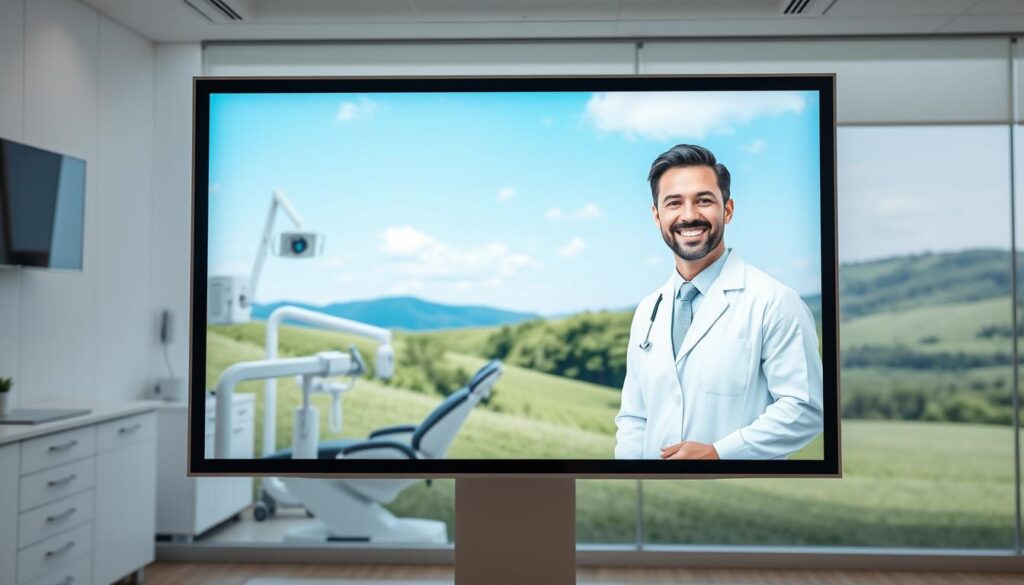 A bright and professional-looking dental clinic advertisement displayed on a digital screen. The foreground shows a modern dental office with clean lines, minimalist decor, and advanced dental equipment. The middle ground features a smiling dentist in a white coat, exuding warmth and expertise. The background showcases a serene, calming landscape with a blue sky and lush greenery, creating a sense of tranquility. The lighting is soft and even, highlighting the clinical yet welcoming atmosphere. The composition is well-balanced, drawing the viewer's attention to the key elements - the clinic, the dentist, and the peaceful setting. The overall impression conveys professionalism, care, and a commitment to patient well-being.