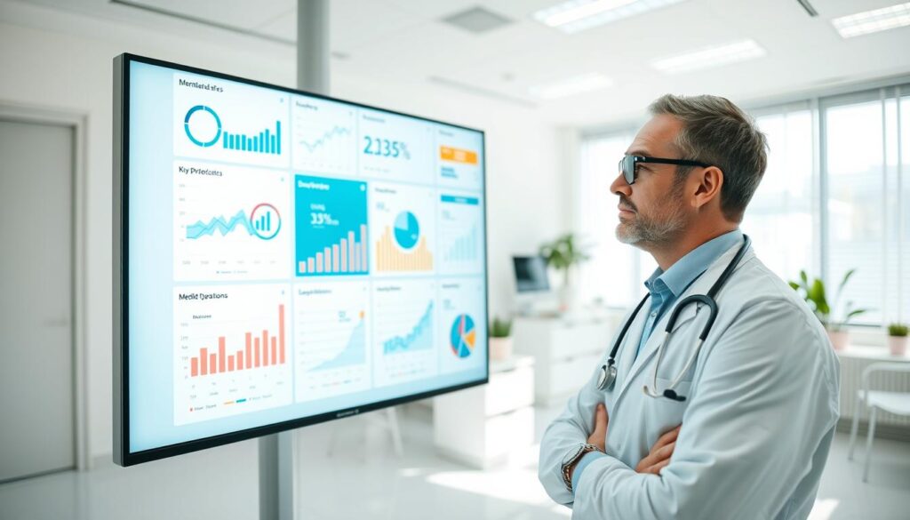 A bright, clean medical office with a large display monitor showcasing a dashboard of various metrics and analytics. The doctor is reviewing the data, with graphs, charts, and key performance indicators displayed prominently. The lighting is soft and natural, creating a calming, professional atmosphere. The doctor's expression is focused, yet thoughtful, as they analyze the information and consider how to optimize the clinic's operations. In the background, the office is modern and minimalist, with white walls, sleek furniture, and subtle accent pieces that complement the overall aesthetic. The image conveys a sense of data-driven decision-making and a commitment to continuous improvement within the healthcare setting.