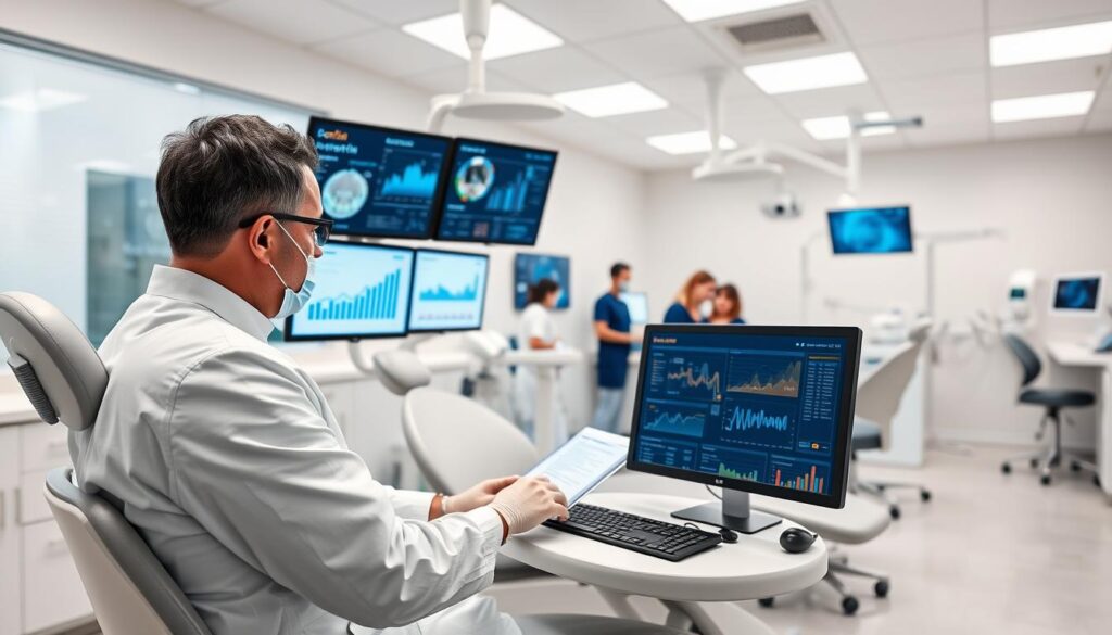A bright, clinical dental office interior with sleek, modern furniture and equipment. In the foreground, a dentist reviews data dashboards and metrics on multiple high-resolution computer monitors, intently analyzing trends and key performance indicators related to patient satisfaction, treatment outcomes, and operational efficiency. The middle ground features clinic staff collaborating on optimization strategies, while the background showcases an array of state-of-the-art diagnostic tools and dental technology. Soft, even lighting illuminates the scene, creating a professional, data-driven atmosphere focused on continuous improvement and evidence-based decision-making.