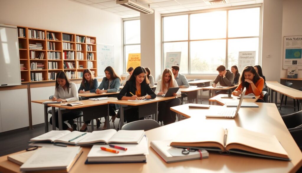 A bright, modern classroom setting with rows of desks and chairs, a large whiteboard or chalkboard at the front. In the foreground, various educational materials are neatly arranged on the desks - textbooks, notepads, pens, and a laptop or tablet. The middle ground features a group of diverse students intently engaged in their studies, taking notes and collaborating. In the background, shelves of books and educational posters line the walls, creating a scholarly atmosphere. Warm, natural lighting filters in through large windows, casting a pleasant glow over the scene. The overall mood is one of productivity, learning, and professional development.