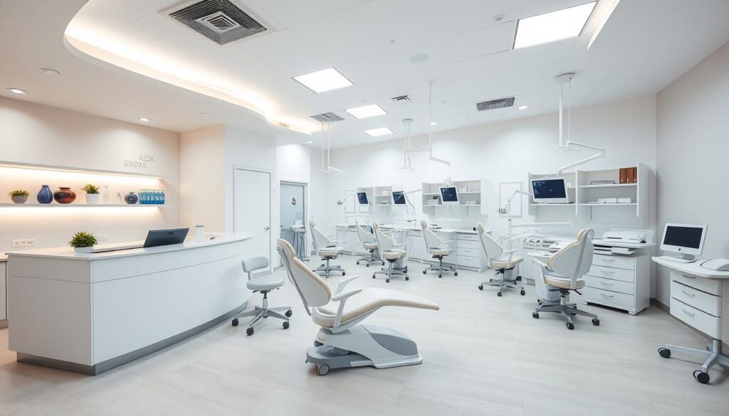 A bright, modern dental clinic interior with a clean, organized layout. The reception area has a sleek, minimalist design with a welcoming reception desk. In the treatment rooms, dental chairs are arranged in a precise, efficient manner, with medical equipment neatly organized on carts and shelves. The lighting is soft and indirect, creating a calm, professional atmosphere. The walls are painted in soothing, neutral tones, and the floors are made of durable, easy-to-clean material. The overall impression is one of attention to detail, order, and patient-centric care, reflecting the importance of internal organization for operational efficiency in a dental practice.