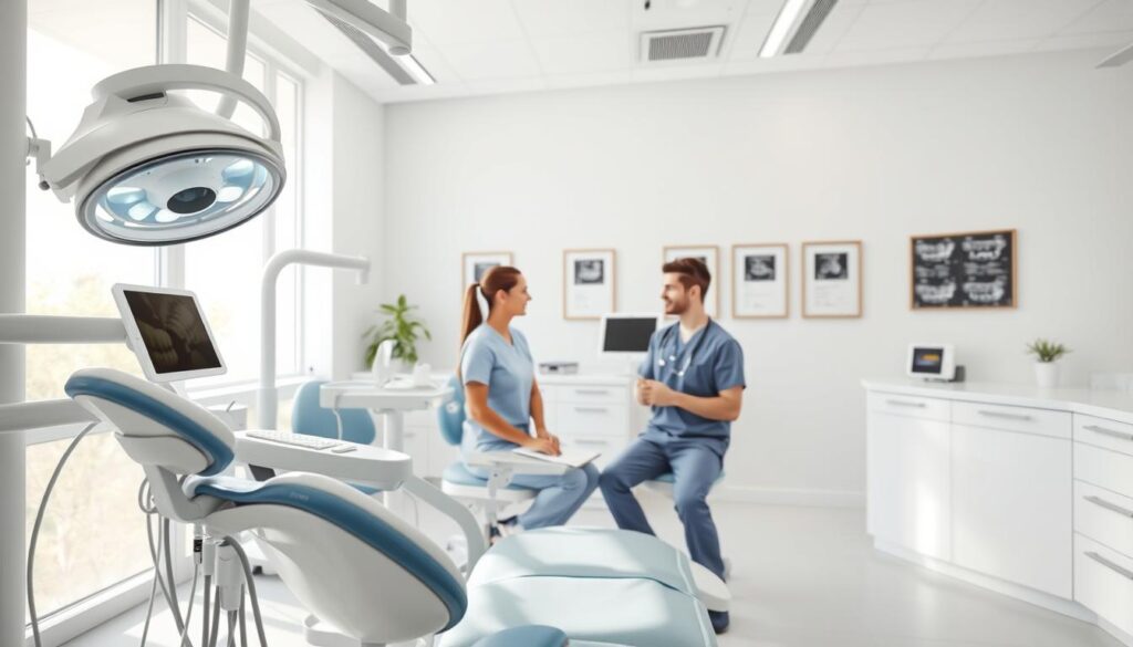 A bright, modern dental clinic interior with clean, minimalist design. In the foreground, a dental chair with state-of-the-art equipment, including a high-powered dental light and precision instruments. In the middle ground, a healthcare professional in scrubs is consulting with a patient, discussing dental procedures and treatment options. The background features sleek, white walls adorned with framed dental radiographs and certificates, conveying a sense of professionalism and expertise. The scene is illuminated by natural light streaming through large windows, creating a warm, inviting atmosphere. The overall composition emphasizes the integration of clinical processes, patient-centric care, and a visually appealing, technologically-advanced environment.