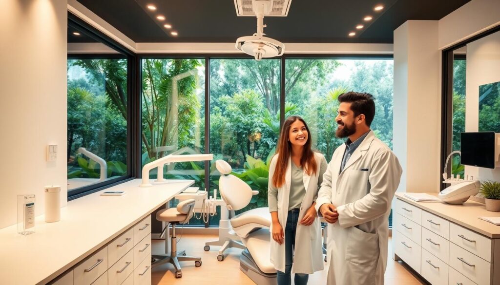 A bright, modern dental clinic interior with clean, minimalist design. Warm lighting illuminates sleek white countertops, state-of-the-art dental equipment, and large windows offering a panoramic view of a lush, verdant garden. In the foreground, a smiling dental professional in a crisp white coat stands beside a patient, discussing treatment options. The atmosphere exudes professionalism, efficiency, and a focus on patient comfort and care. The scene conveys the advantages of effective dental practice management - a streamlined, patient-centric workflow, advanced technology, and a welcoming, reassuring environment.
