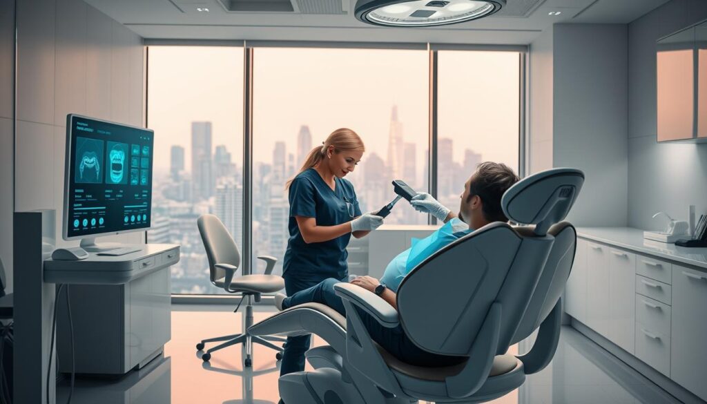 A bright, modern dental clinic interior with state-of-the-art technology. In the foreground, a high-tech dental chair with sleek, minimalist design. On the side, a futuristic-looking digital display showing real-time patient data and treatment progress. In the middle ground, a nurse assisting the dentist, who is meticulously examining the patient's teeth using a highly advanced handheld scanner. The background features a clean, minimalist workspace with a large window overlooking a bustling city skyline. The lighting is a warm, inviting blend of natural and artificial sources, creating a calm, professional atmosphere. The overall scene conveys the seamless integration of cutting-edge technology and patient-centric care in a contemporary dental clinic.